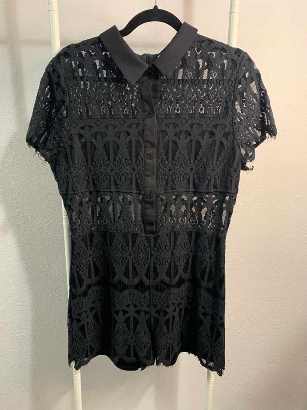 Moon Collection Black Lace Short-Sleeve Collared Romper Dress